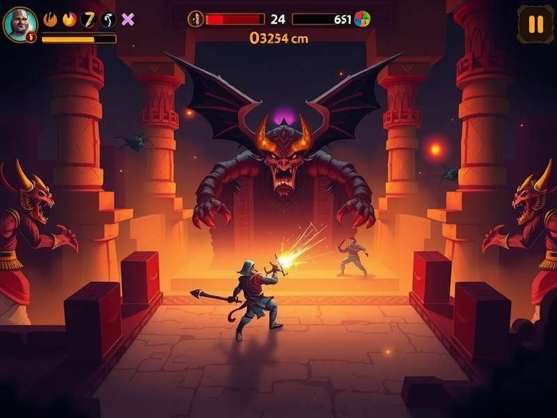 Dig Devils gameplay screenshot showing a character fighting demons in a temple